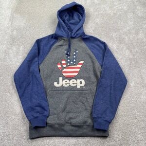 Jedco Jeep Mens Gray Blue American Flag Peace Sign Raglan Hoodie Small NEW